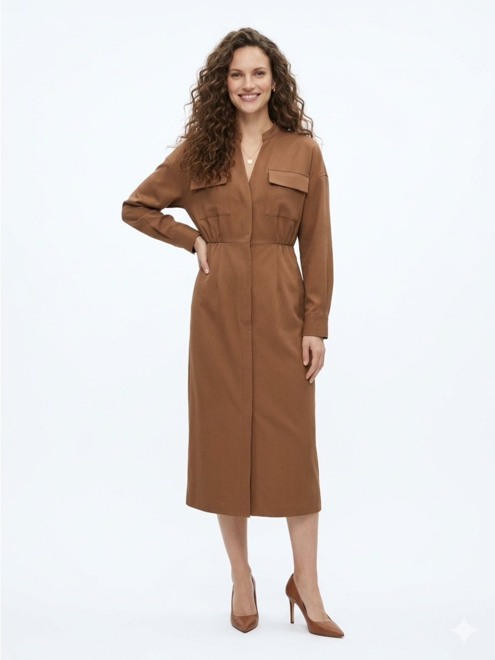 Zara Brown Midi Shirt Dress with Chest Pockets